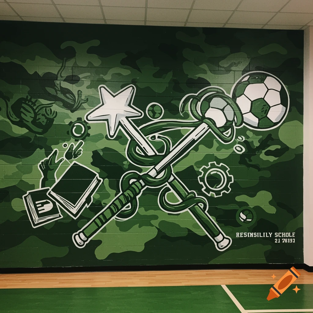 Mural of a magic wand, star, soccer ball, book, hand, and gears on a green camouflage wall.