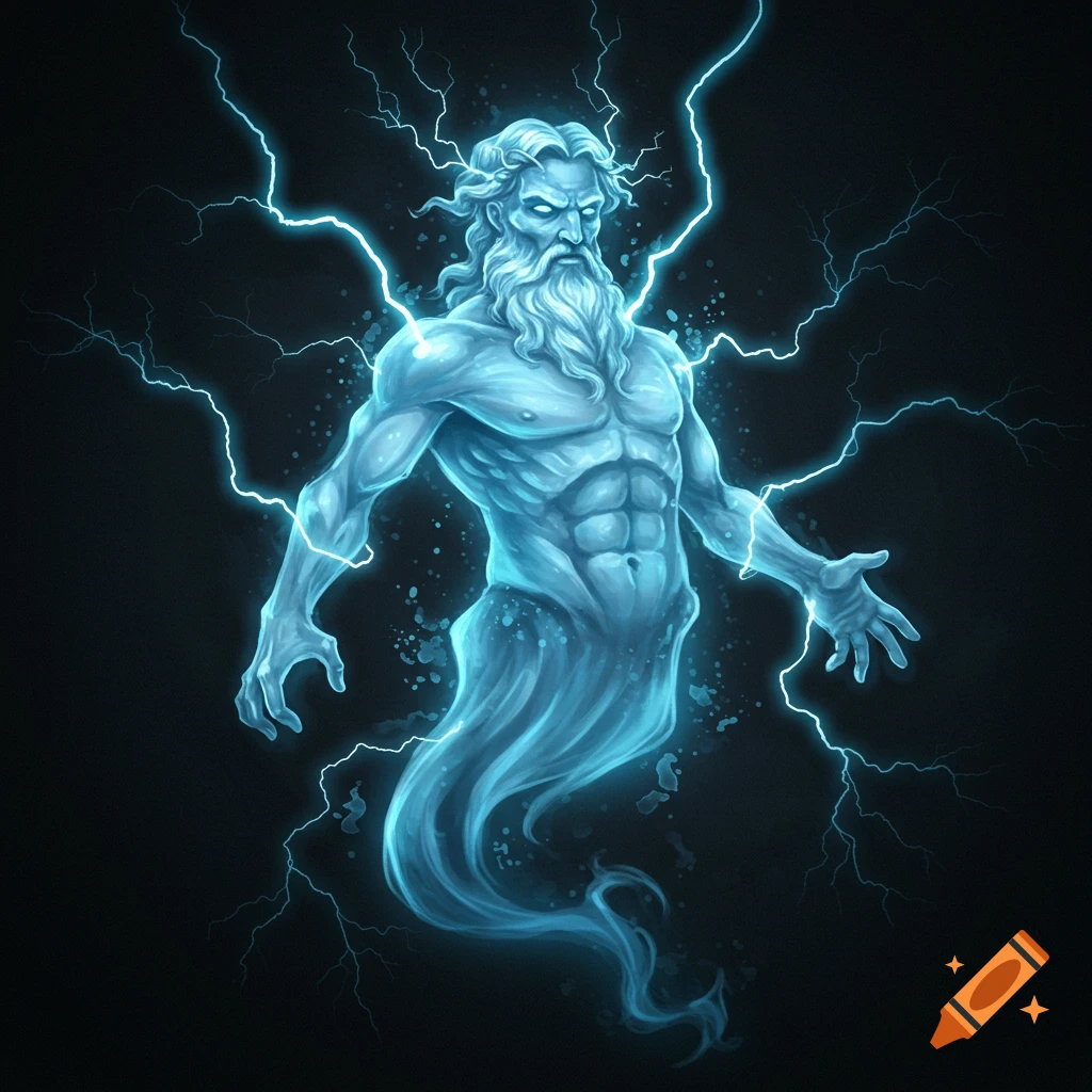 A glowing blue ghostly Zeus figure with a beard, surrounded by lightning bolts on a black background.