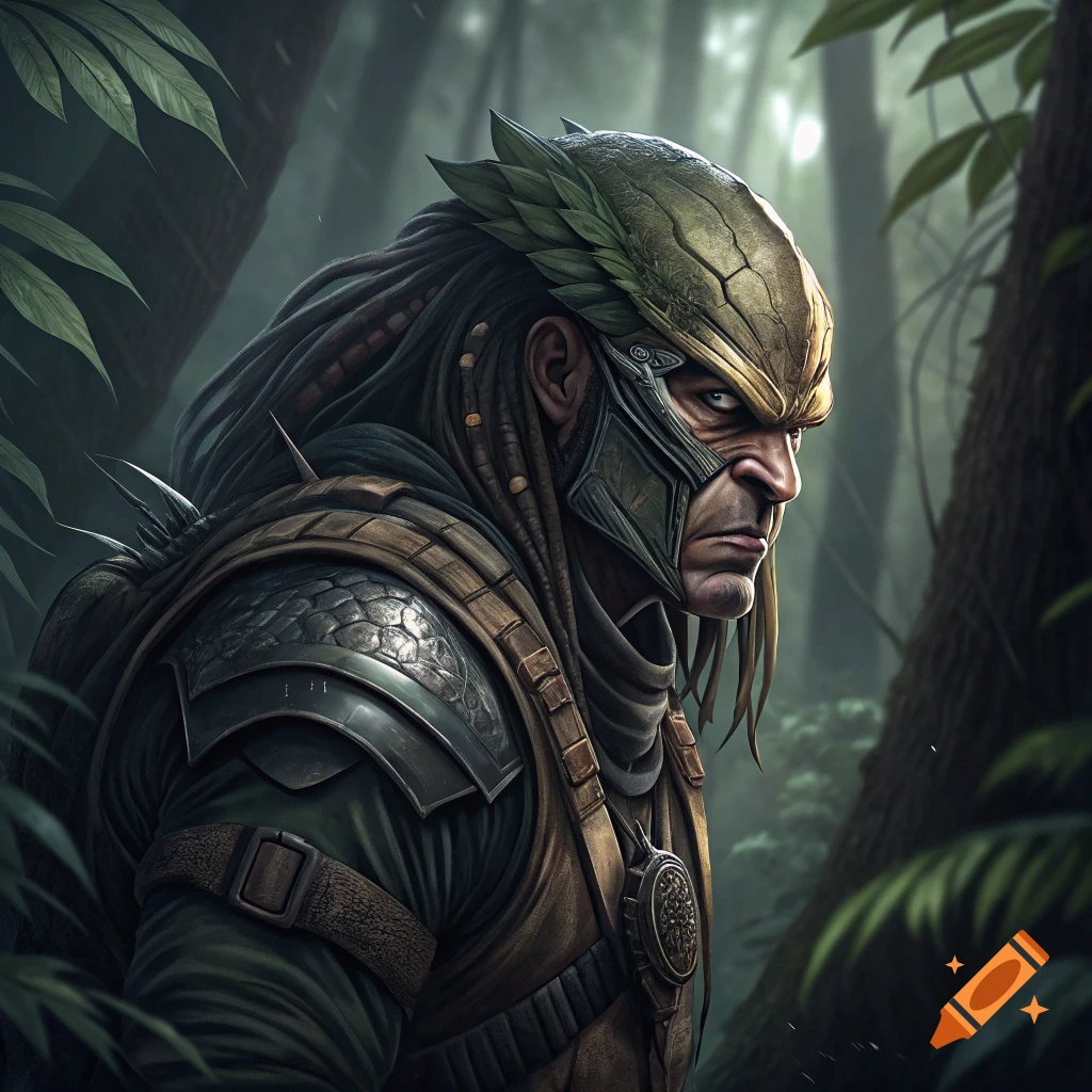 Portrait of a masked warrior resembling the Predator in a jungle.