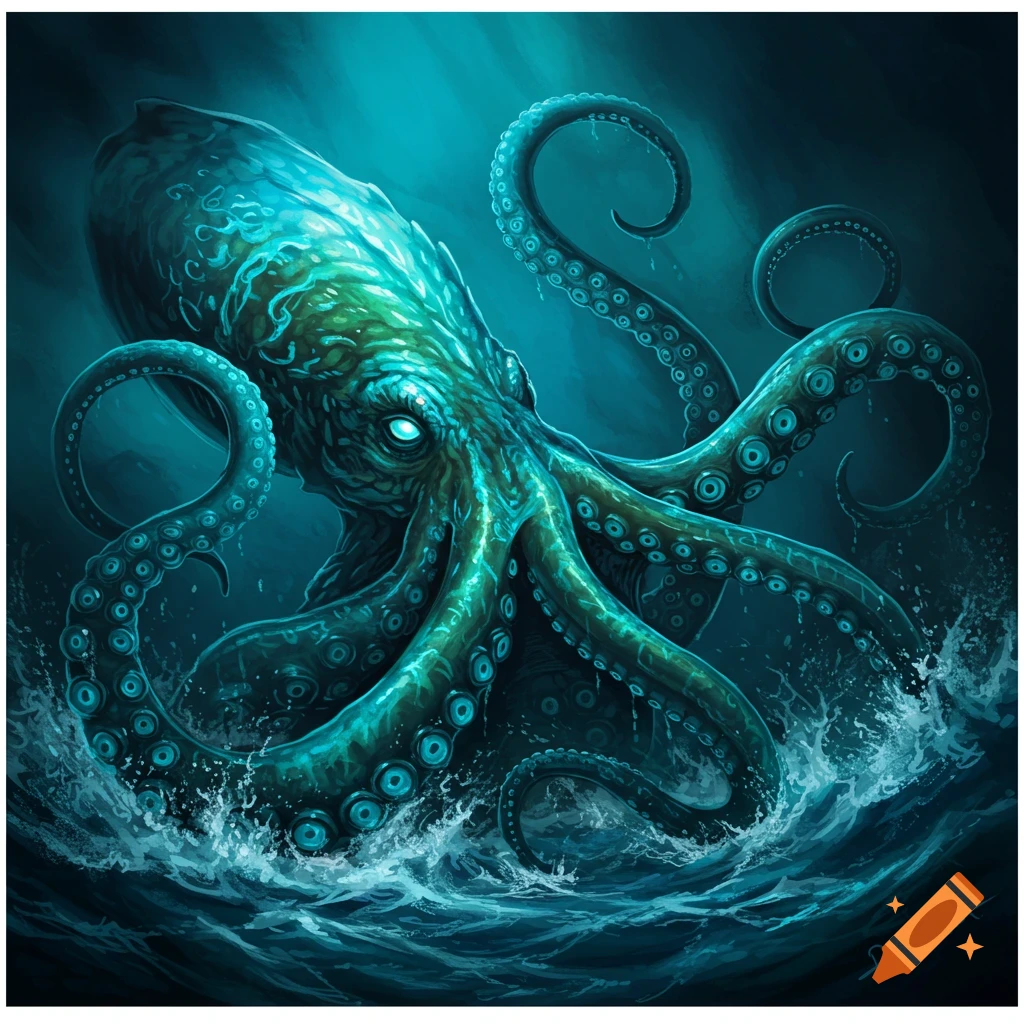 A giant green kraken rising from dark blue ocean waves.