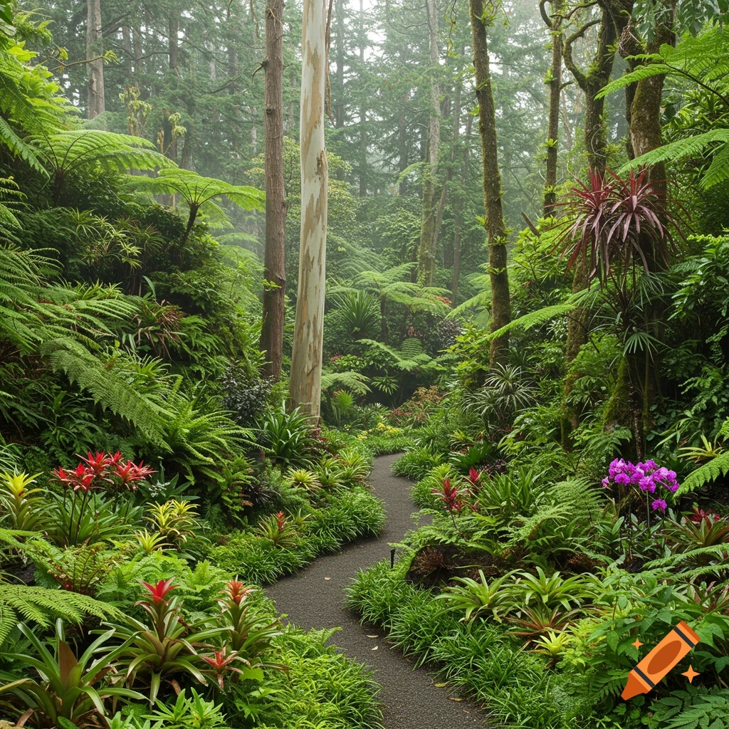 A winding pathway goes through a lush, misty garden filled with ferns, trees, and bright red and purple flowers.