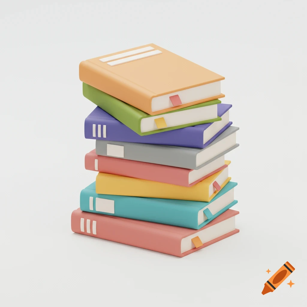 A stack of colorful minimalist 3D books on a white background.