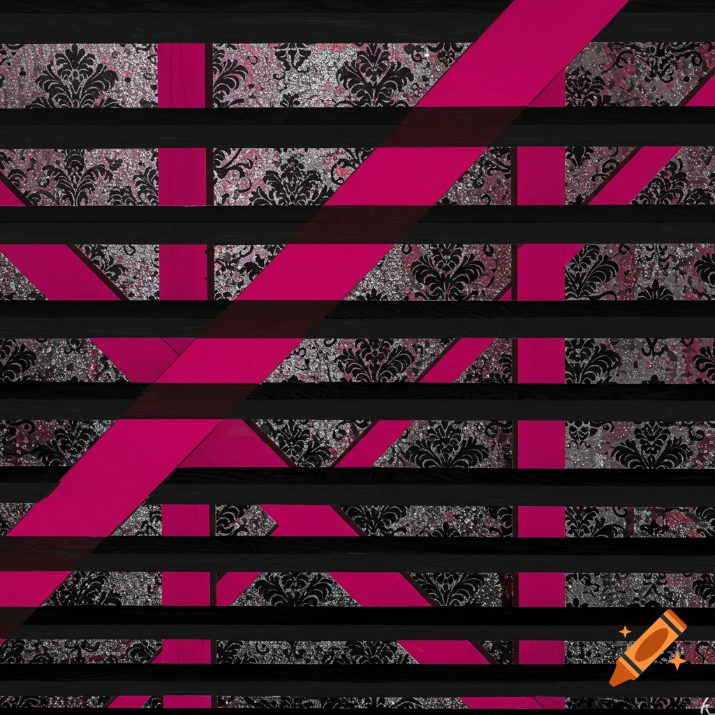 Abstract pattern with black horizontal slats, silver textured gaps, diagonal magenta stripes, and black damask.