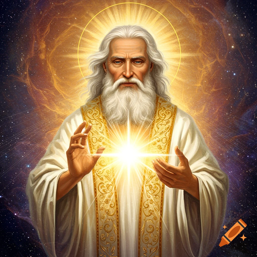 A divine figure with a beard and white robe, holding a bright light in space.
