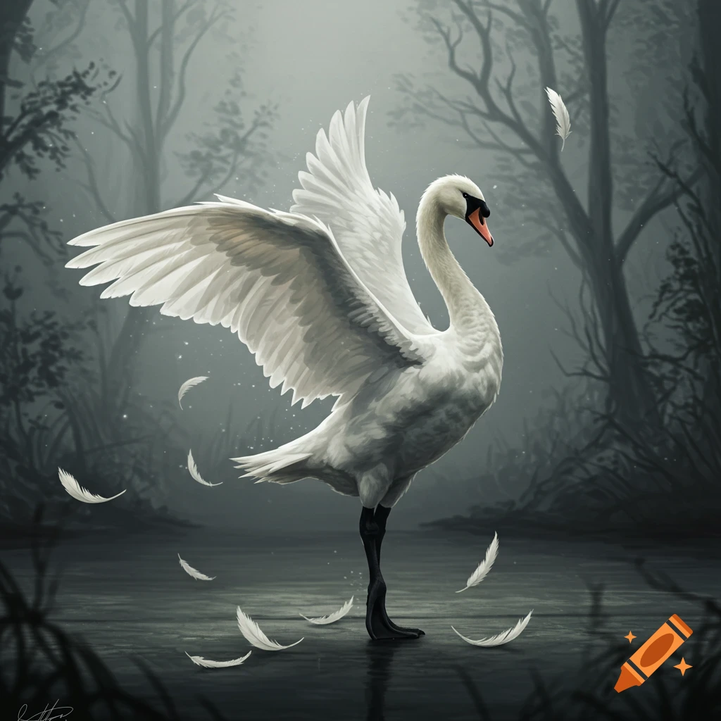 A white swan balances on one leg in a misty forest lake, wings spread, with feathers falling around it.