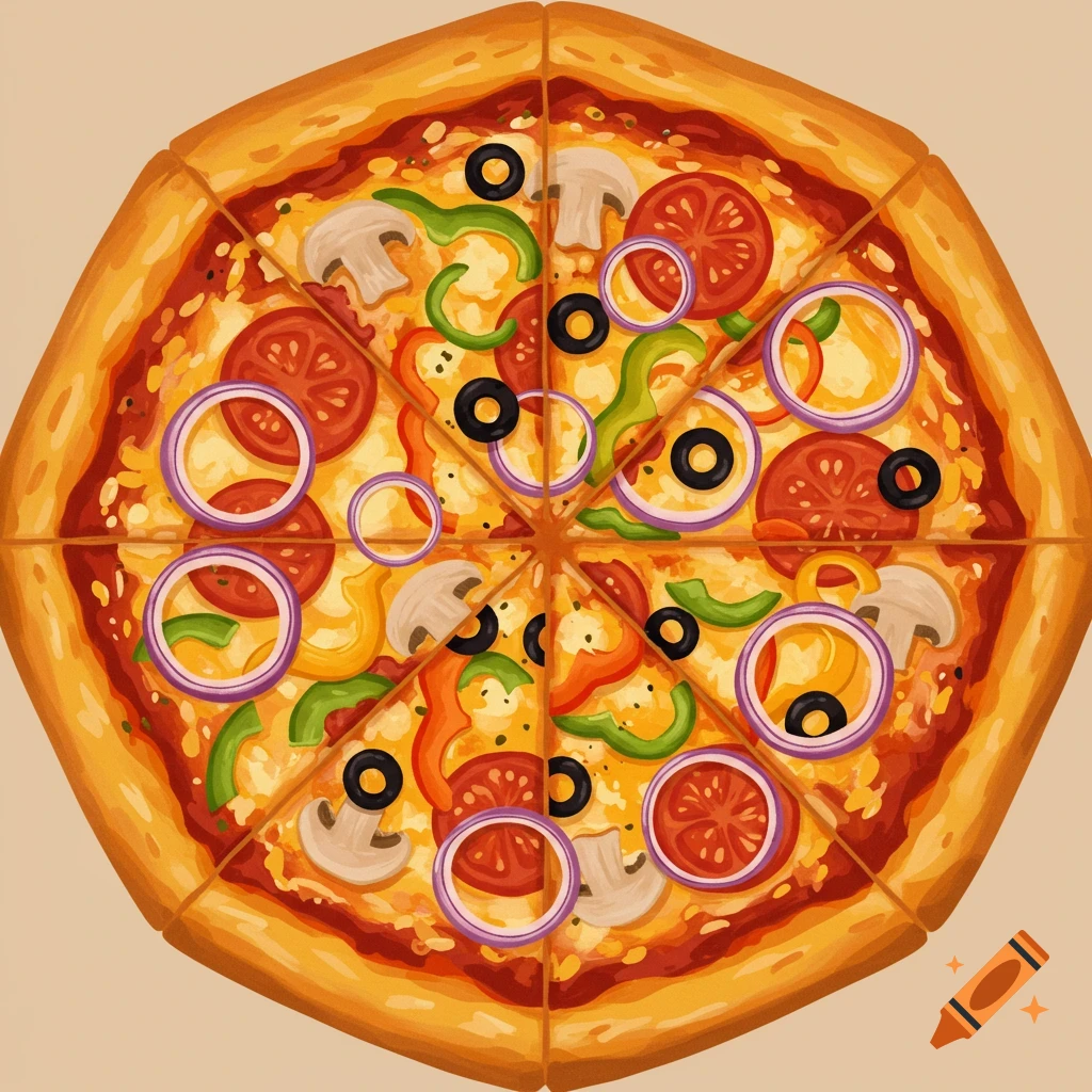 Overhead view of a hexagon-shaped pizza with various toppings.