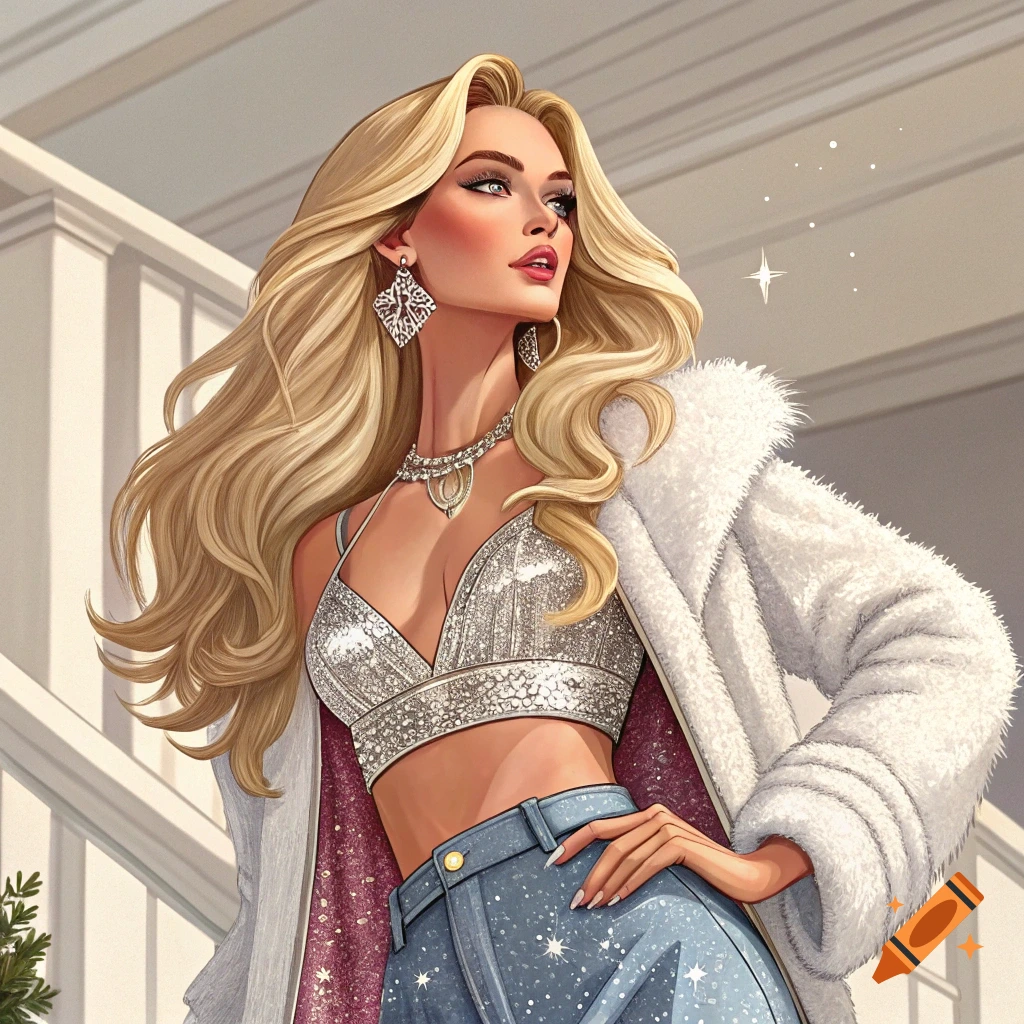 Illustration of a blonde woman in a sparkly top, jeans, and fur coat standing on stairs.
