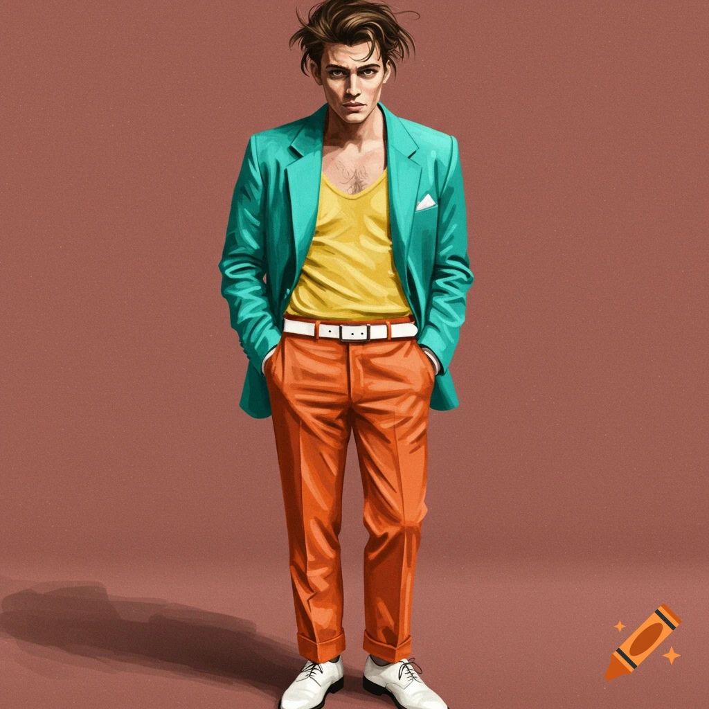A man in a turquoise blazer, yellow tank top, orange pants, white belt, and white shoes.