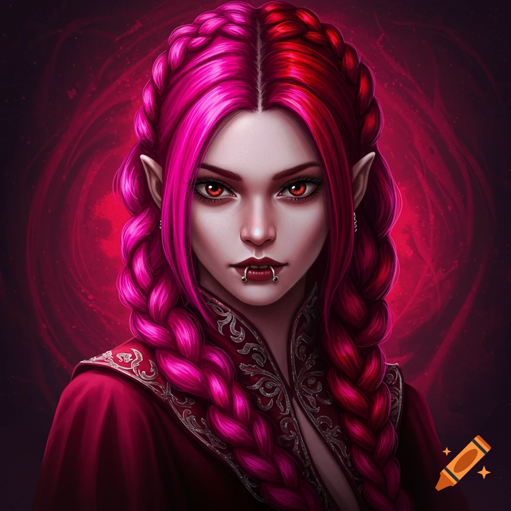 A portrait of a vampire with braided pink and red hair, red eyes, and lip piercing.