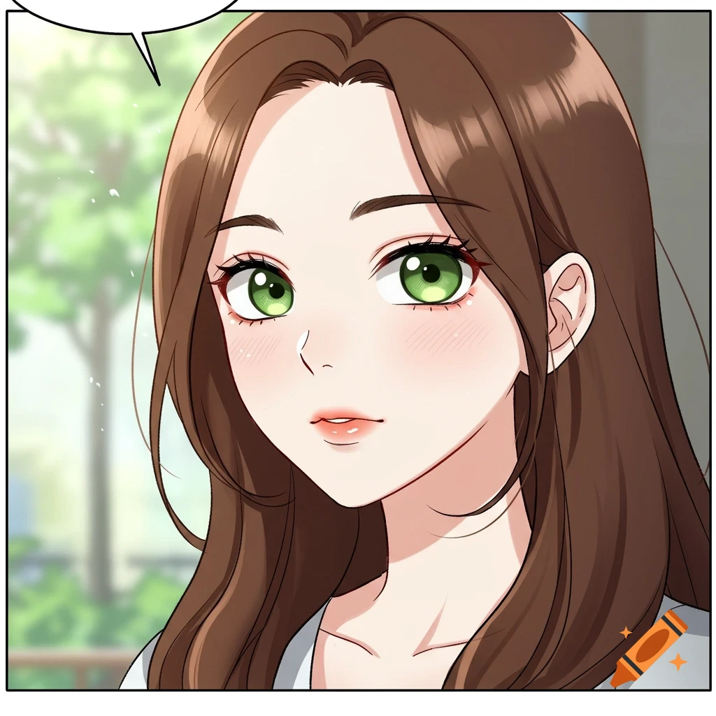 Close-up webtoon portrait of a woman with brown hair and green eyes