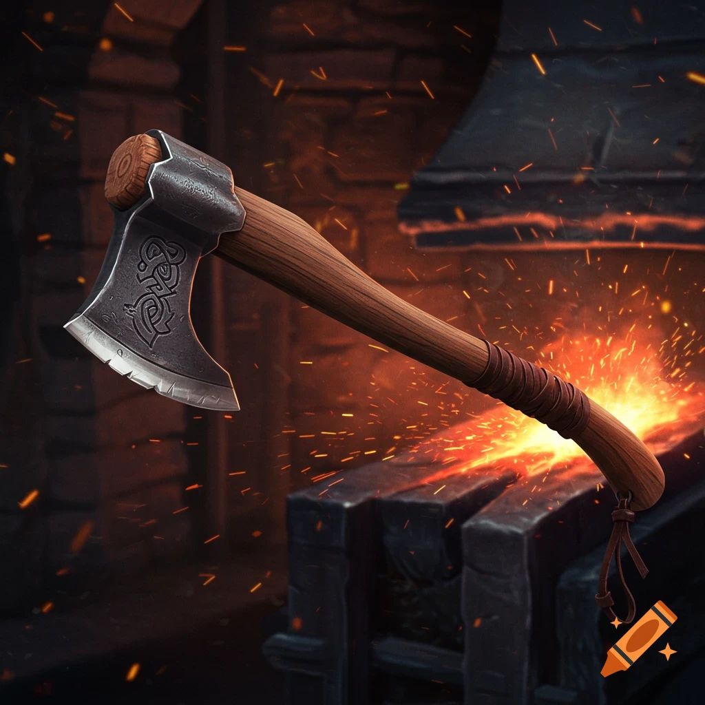 A detailed ax with knotwork on the blade, set in a forge with sparks flying.