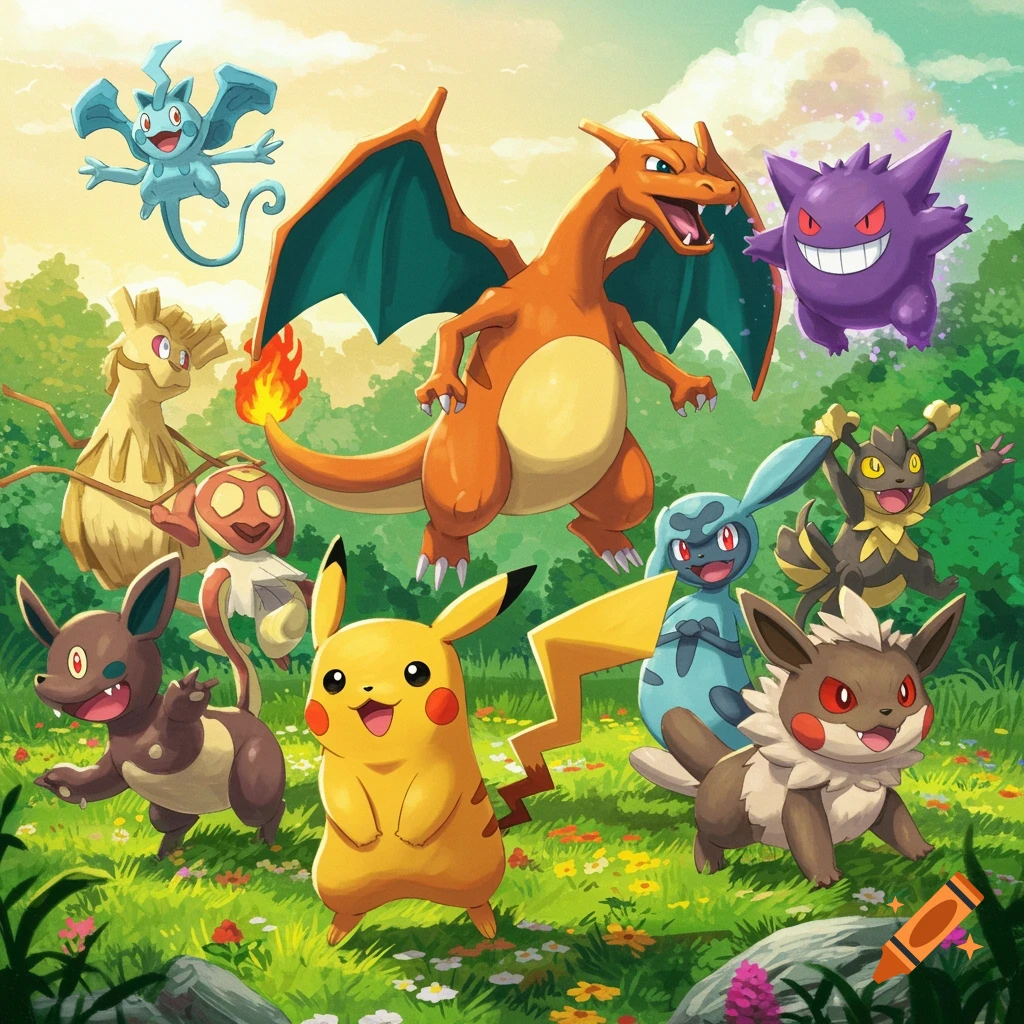 Anime image of various Pokemon including Pikachu, Charizard, Gengar, and Eevee in a grassy field.