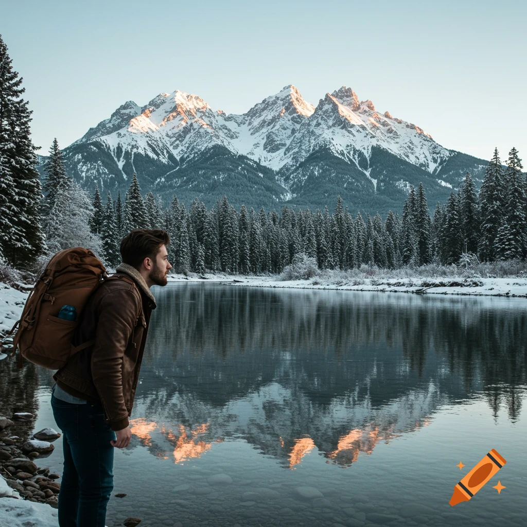A traveler with a backpack looks out at a snowy mountain reflecting in a river.