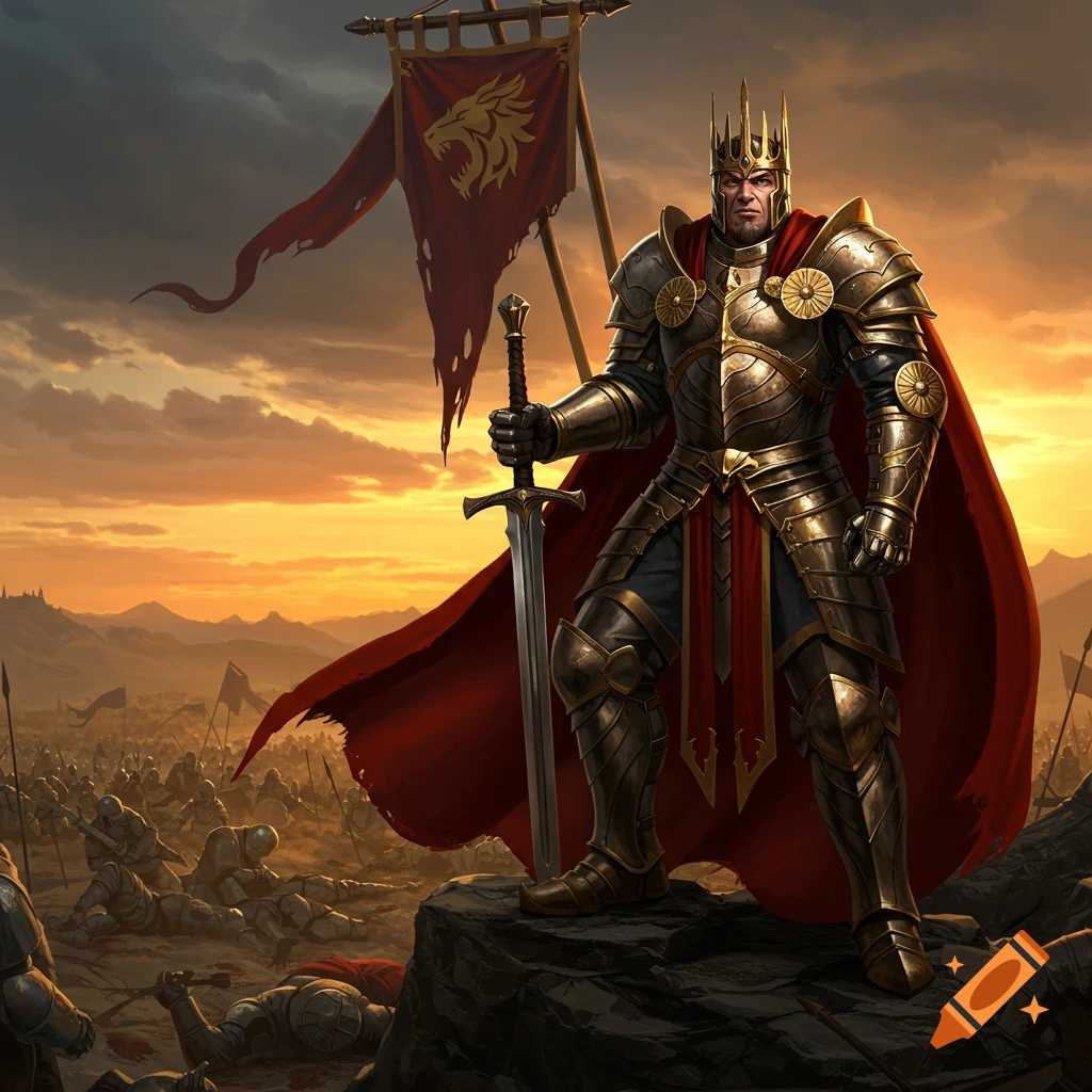 A king in golden armor with a sword stands on a rock overlooking a battlefield at sunset.