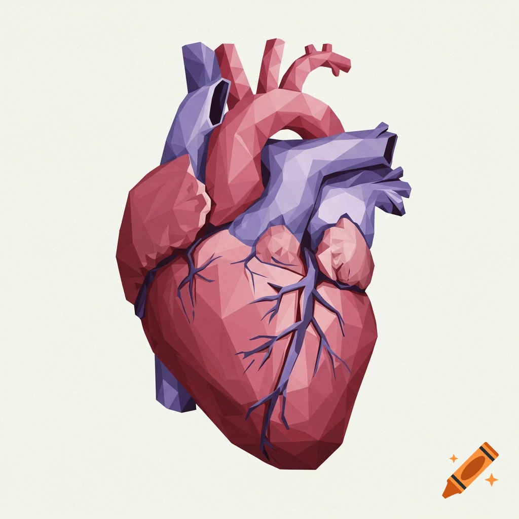 Abstract polygonal human heart in pink and purple tones.