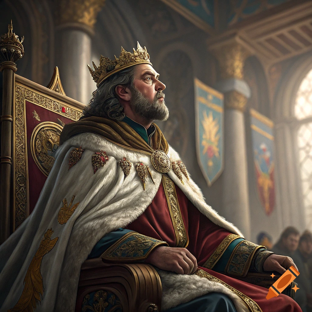 A bearded king with a golden crown and ornate robe sits on a throne in a grand hall.