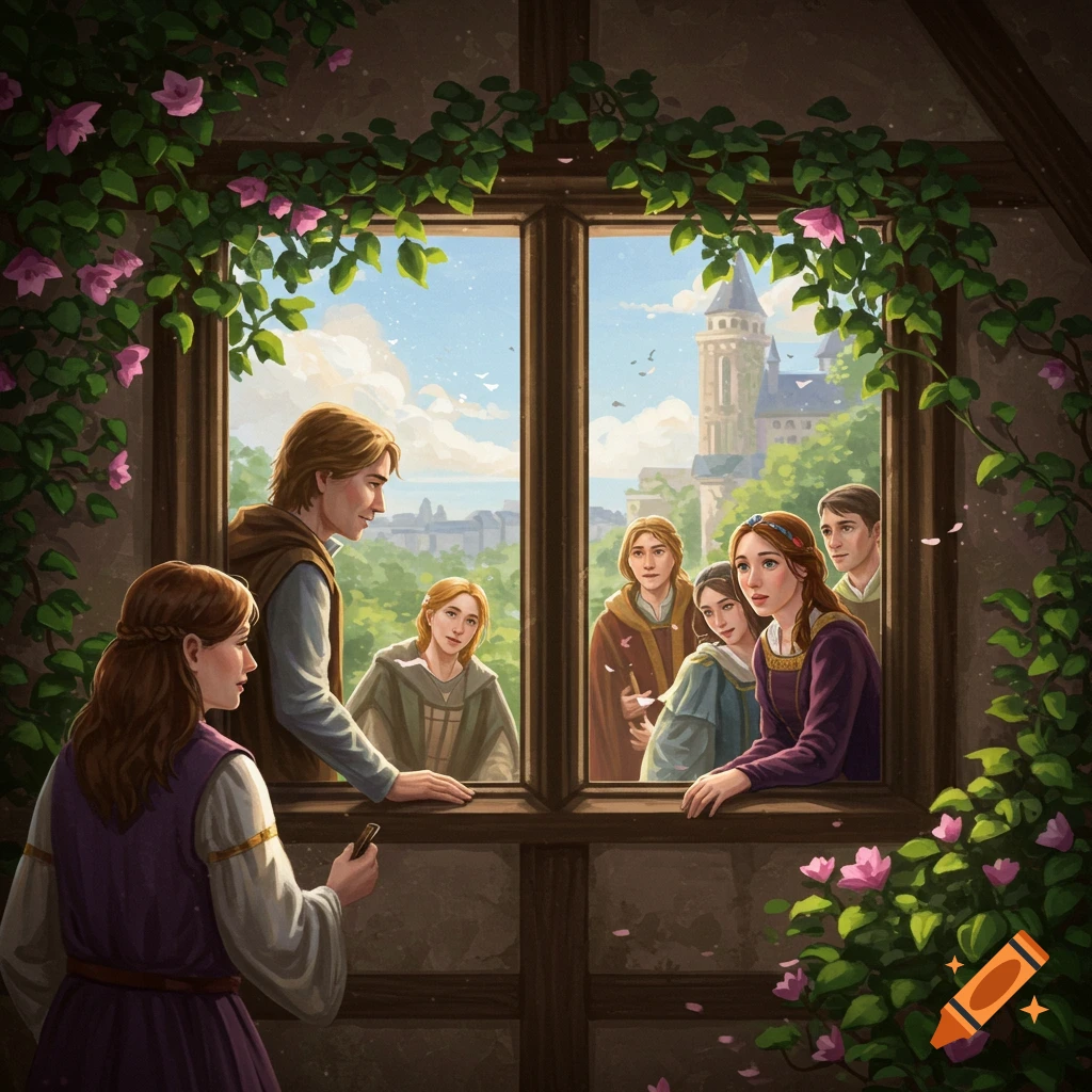 People in fantasy attire look out a window at a castle