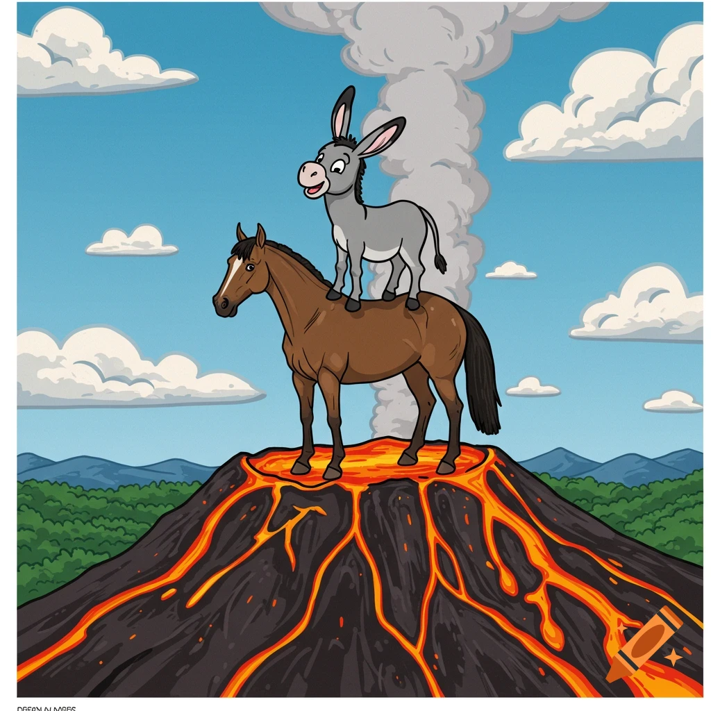 Cartoon of a donkey standing on a horse on an erupting volcano.
