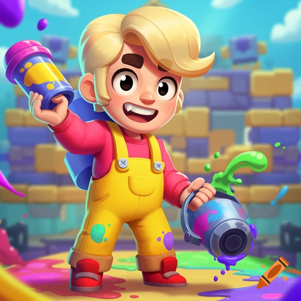 Cartoon boy in yellow overalls holds paint cans, splattering colorful paint in a vibrant scene.