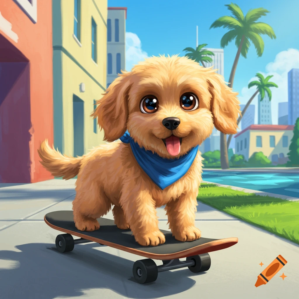 A cute puppy rides a skateboard on a sunny street.