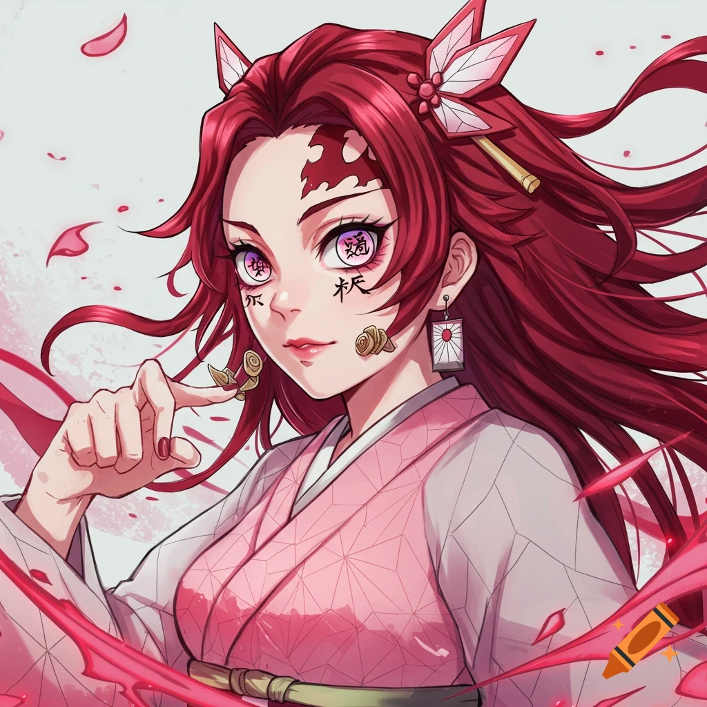 Anime illustration of a red-haired girl in a pink kimono with symbols on her face and eyes, in a Demon Slayer style.