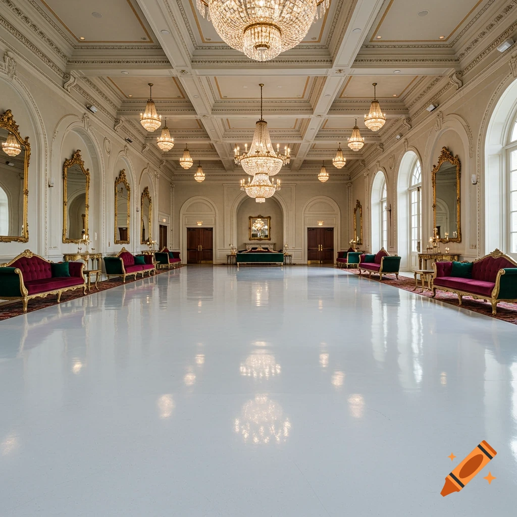 Ornate ballroom with chandeliers, reflective floor, and sofas.