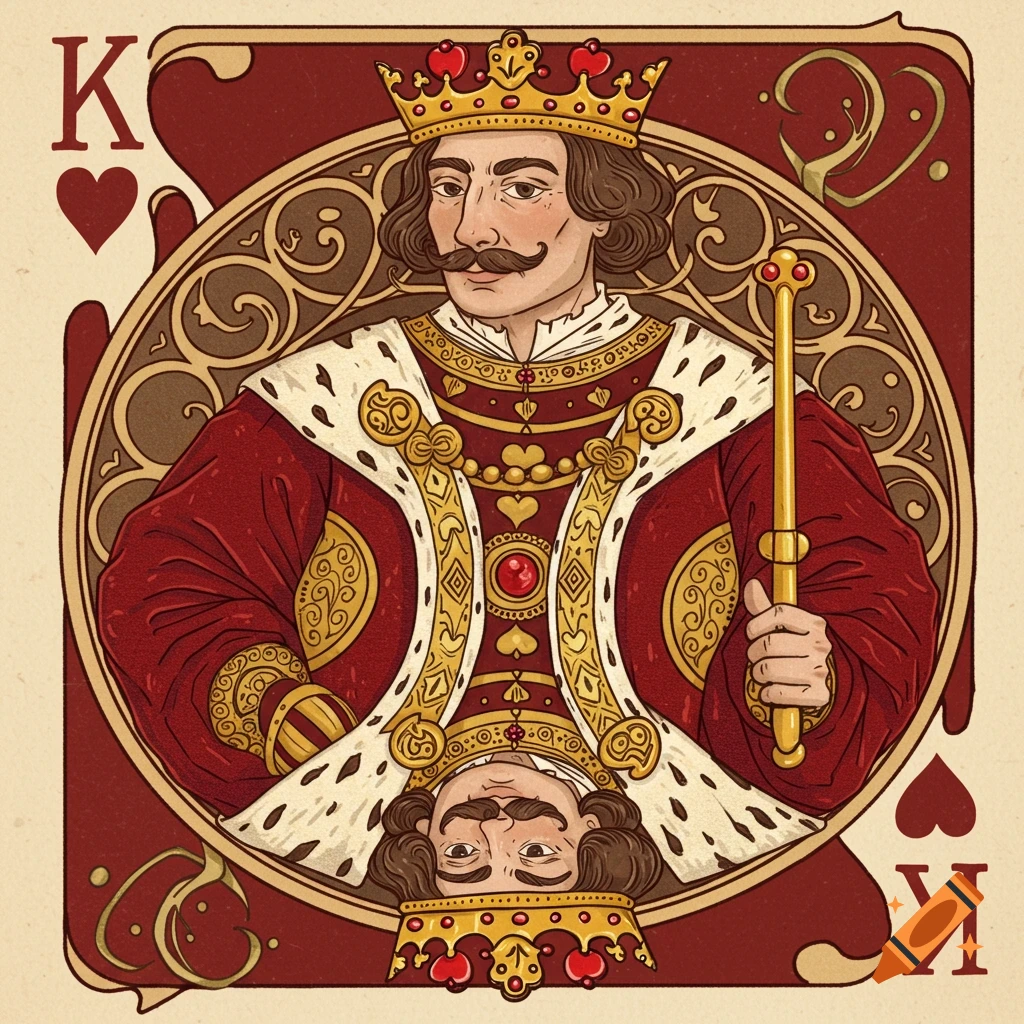 Vintage illustration of a King of Hearts playing card.