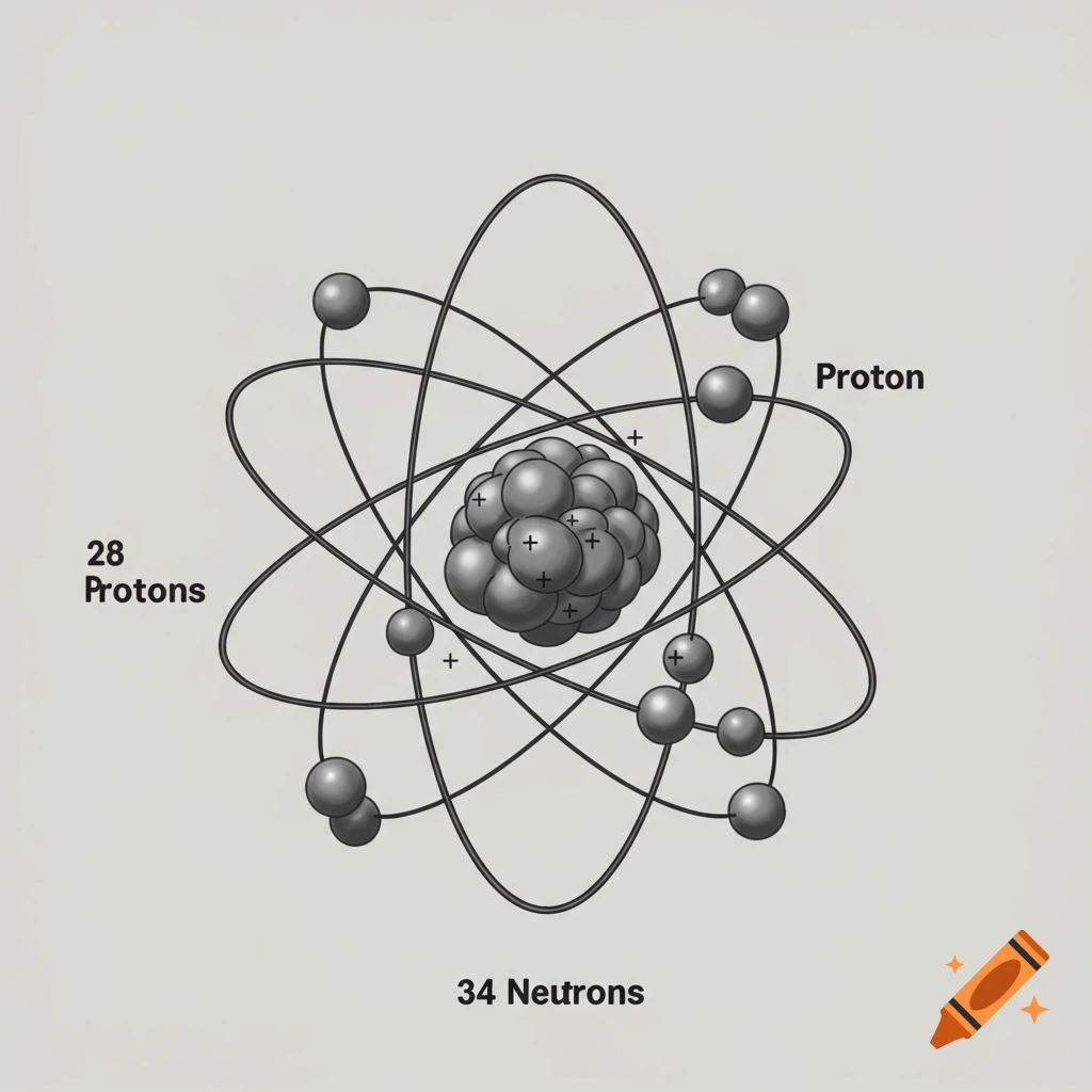 A diagram showing an atom's nucleus with 28 protons and 34 neutrons, with electrons orbiting.