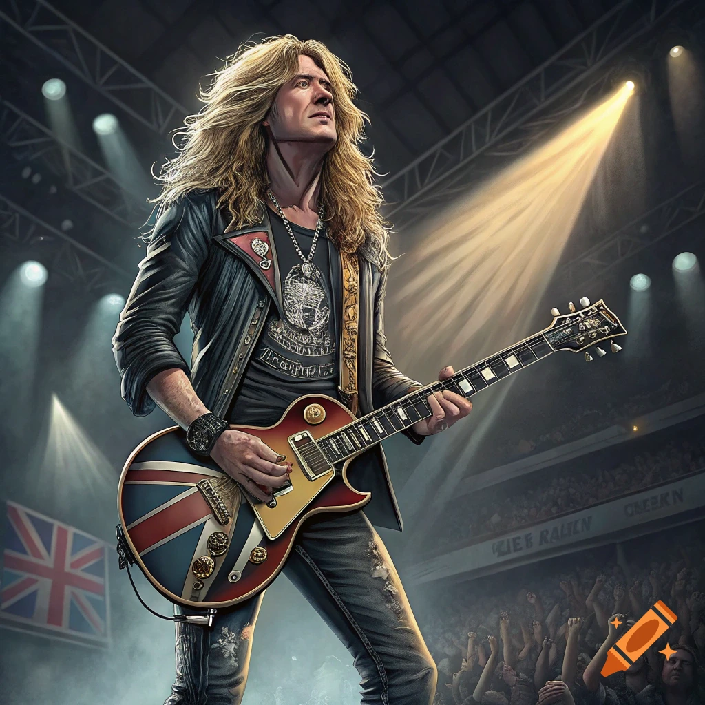 Rock guitarist with long blonde hair playing a Union Jack guitar on stage under spotlights