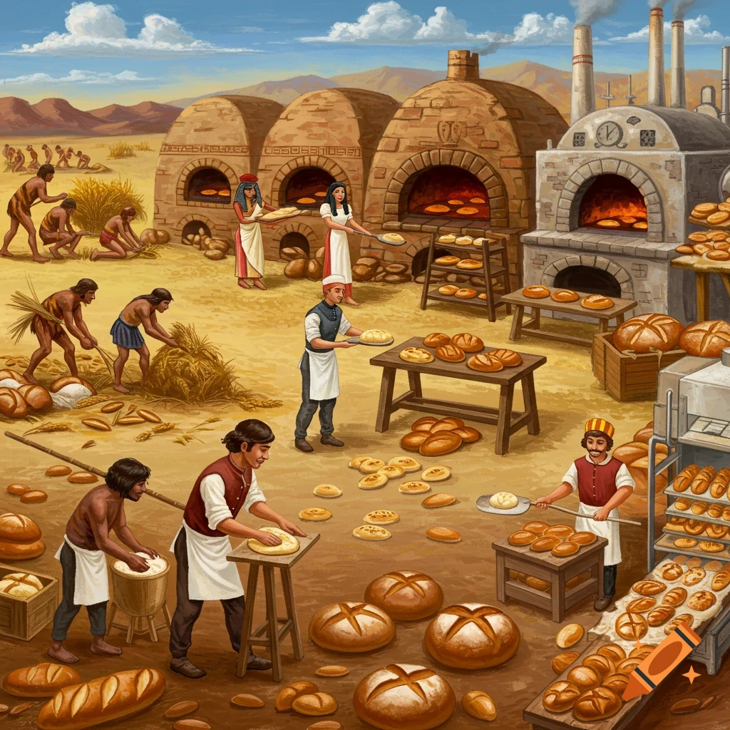 People making bread in an ancient outdoor bakery with large ovens.