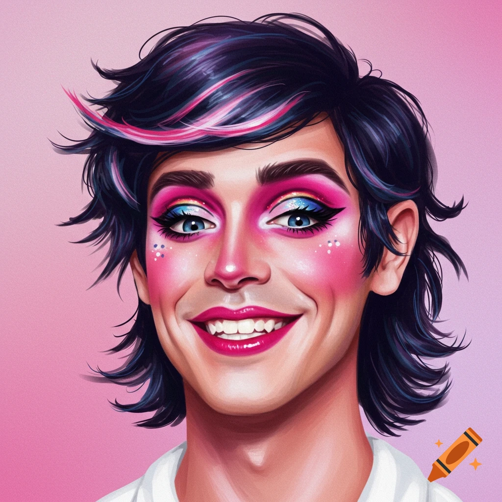 A person with dramatic pink and blue makeup is smiling widely against a pink background.