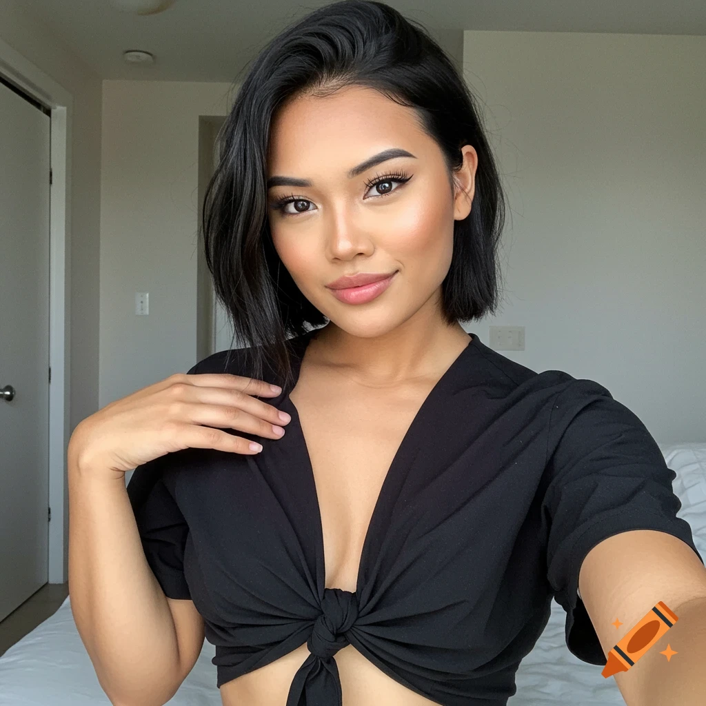 Woman taking a selfie in a black cropped top.