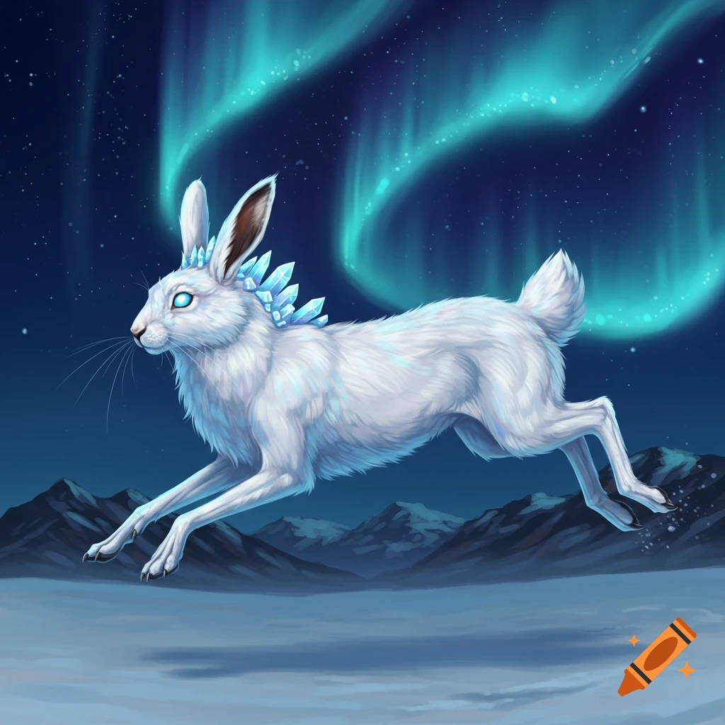 A crystal arctic hare leaps under the aurora borealis.