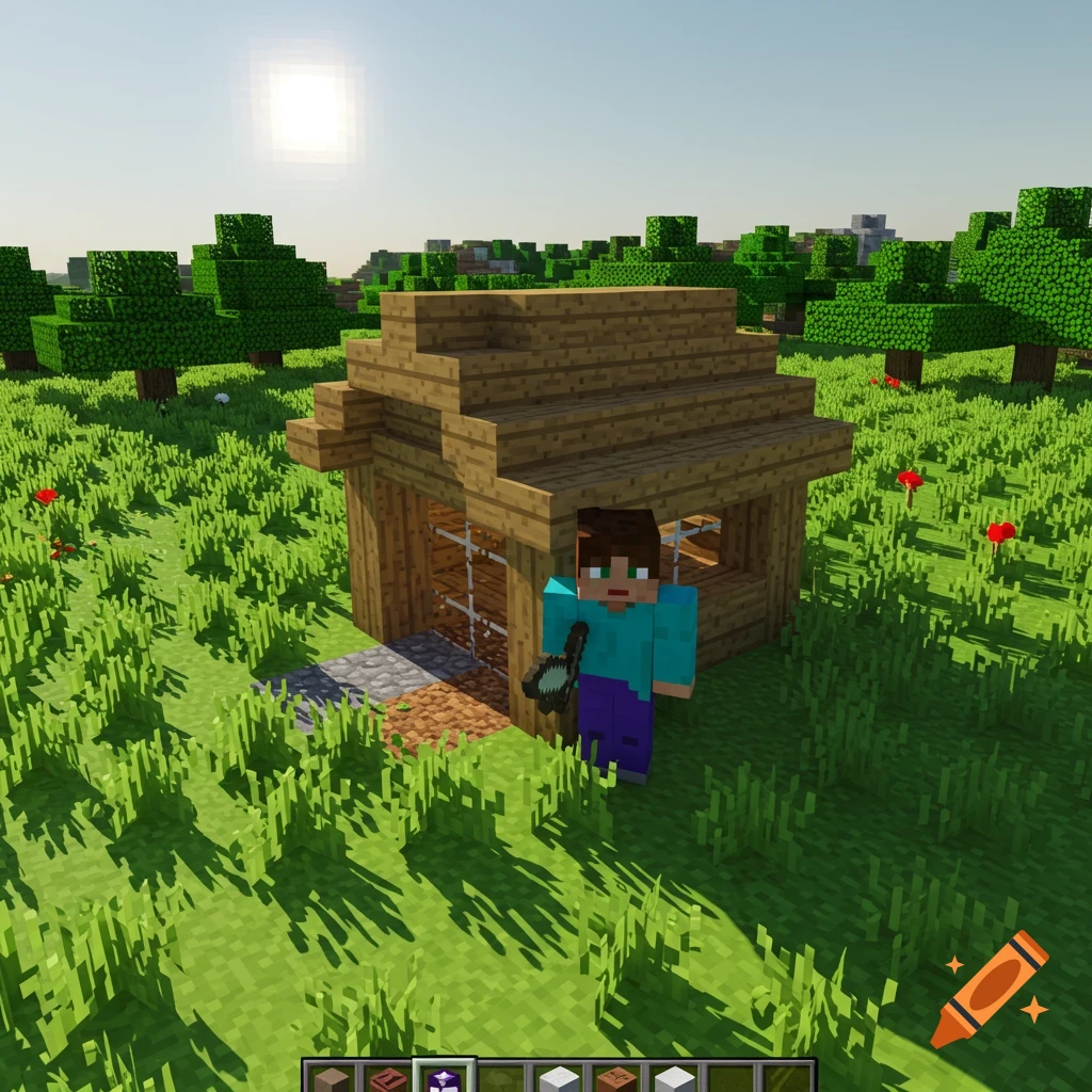 Minecraft screenshot of a player character standing next to a small wooden house in a grassy field.