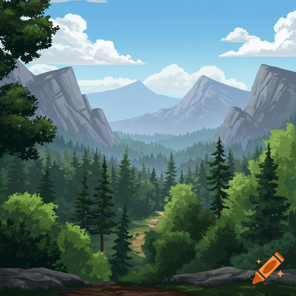 A forest valley leads to mountains under a cloudy sky.