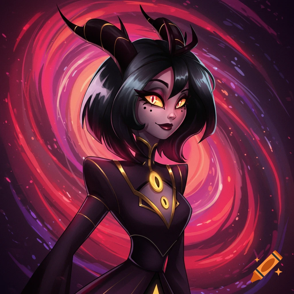 Illustration of a demon-like character with horns and dark clothing against a swirling background.