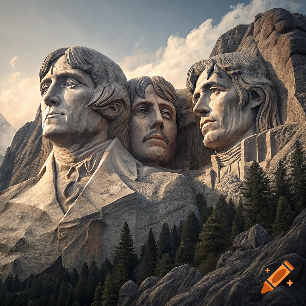 Photorealistic rock sculpture of three faces carved into a mountain, like Mount Rushmore, with trees.