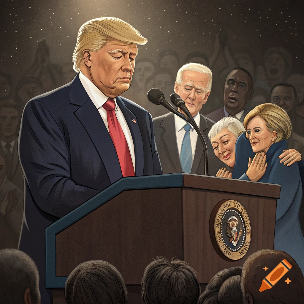 Illustration of Donald Trump at a podium, with Joe Biden, Bill and Hillary Clinton appearing emotional in the background.