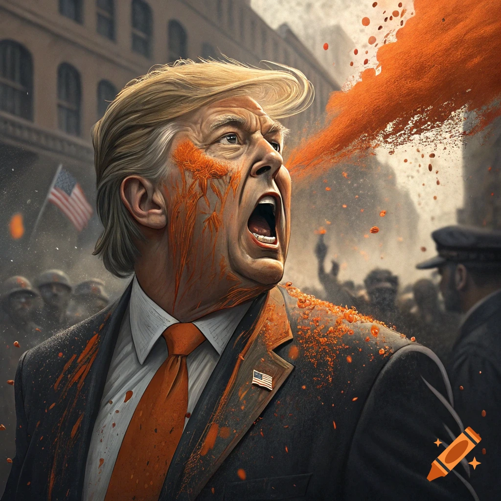 Donald Trump is sprayed with orange powder in the face and suit during an event in a street.