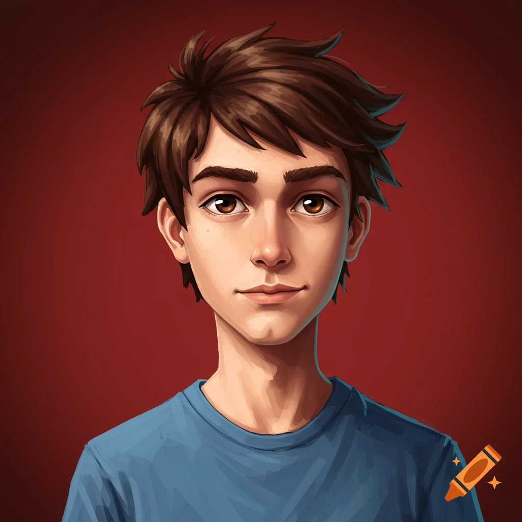A portrait of a young man with brown hair and a blue t-shirt