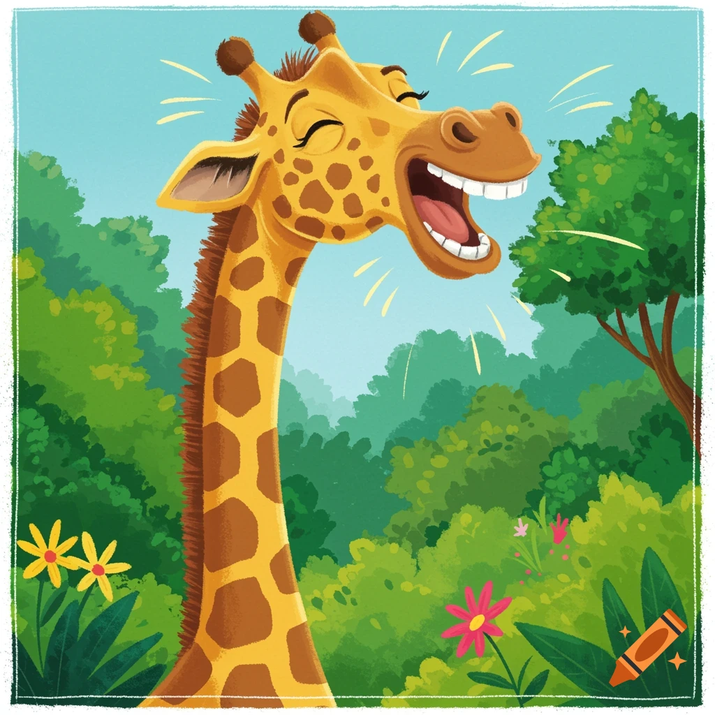 A cartoon giraffe with its eyes closed laughs loudly in a lush green forest, in a children's book illustration style.