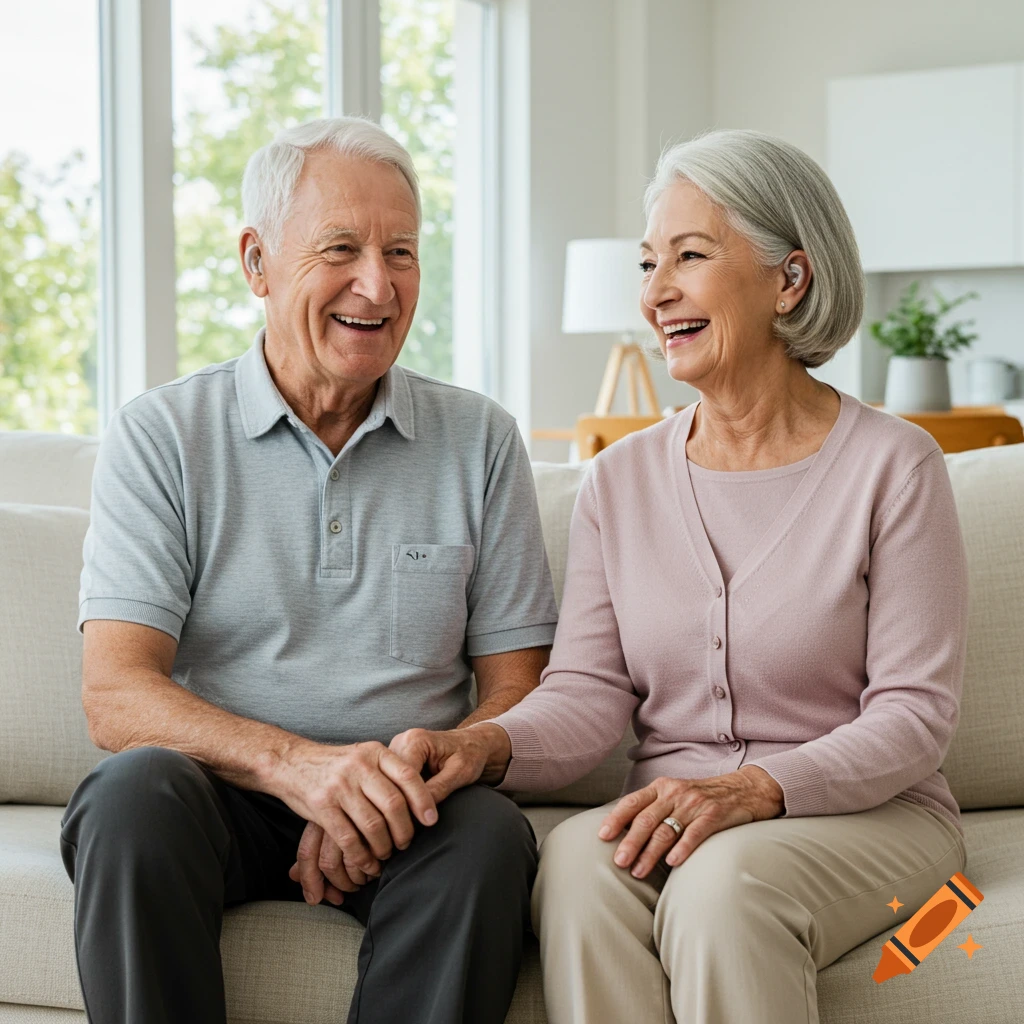 Elderly couple sitting on a couch, smiling and holding hands, wearing hearing aids.