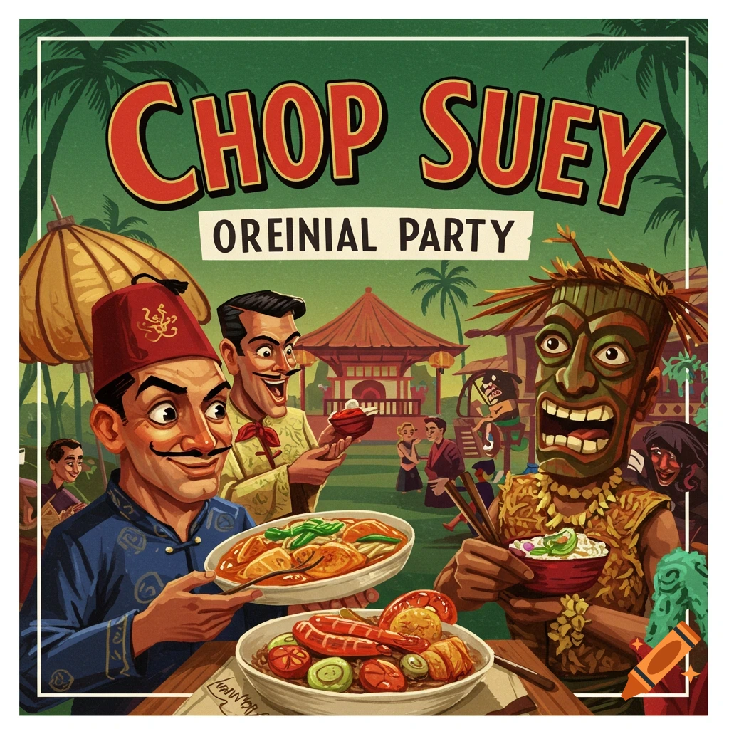 Retro illustration of a Chop Suey party with people, food, and text.