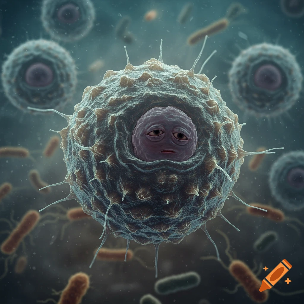 Close-up microscopic view of a large cell with a tired face, surrounded by smaller cells and bacteria.