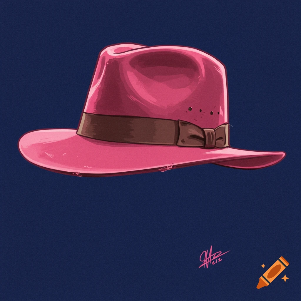 A pink Indiana Jones style hat with a brown ribbon on a dark blue background.