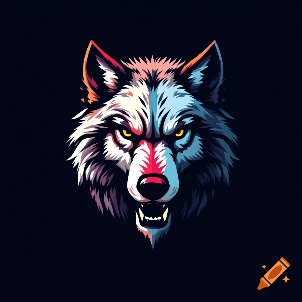 A stylized wolf head with colorful fur and bared teeth on a dark background.