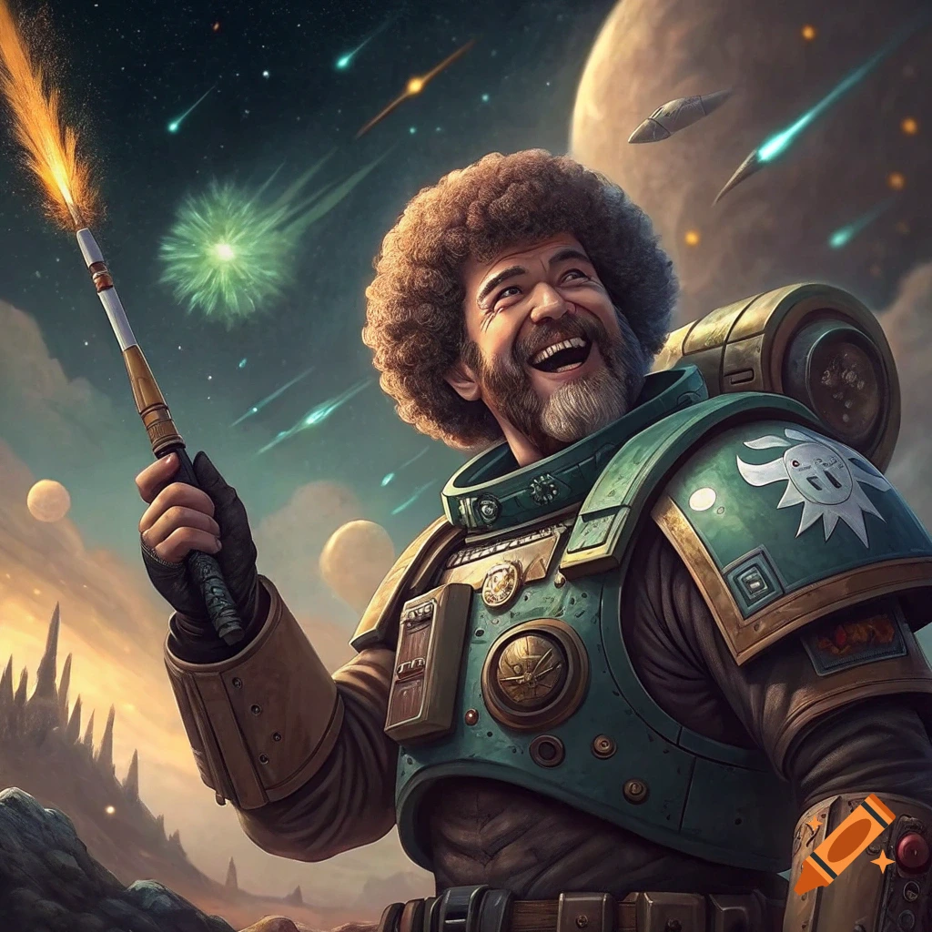 Bob Ross dressed as a space marine holding a flair in space with planets and meteors.