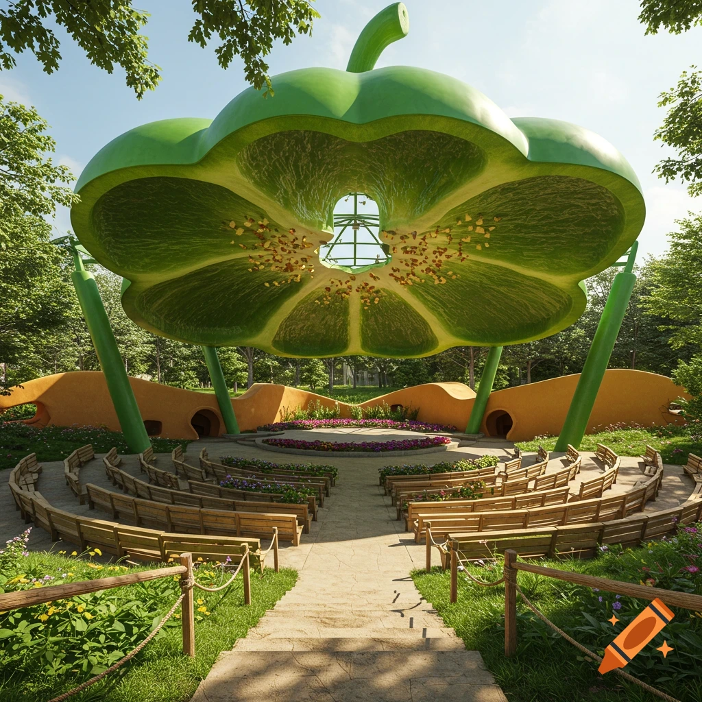 An outdoor amphitheater with a large sliced green bell pepper as a roof structure