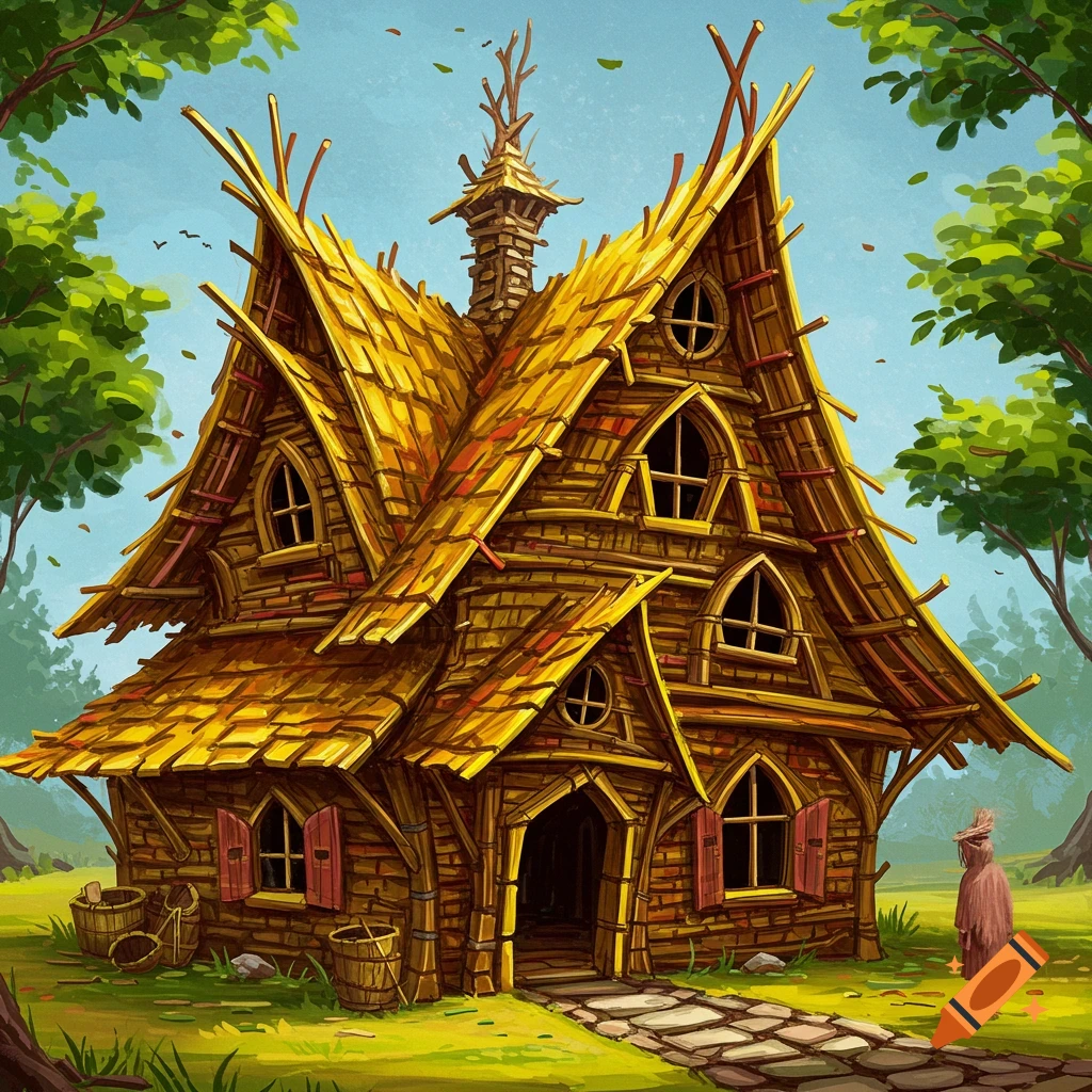 A whimsical, multi-story house made of twigs and wood, with many windows, standing in a grassy clearing.