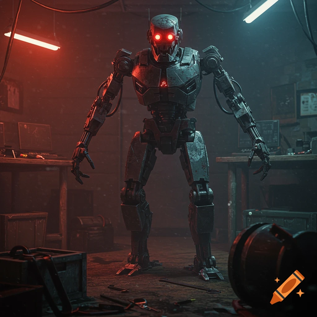 A metal robot with glowing red eyes stands in a dimly lit lab filled with equipment.